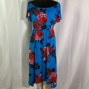 Du Jour Blue Red & Pink Floral Print Ruffled Off Shoulder Midi Dress